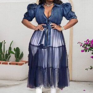 Denim Puff Sleeve Top w/ Tulle Skirt - Dark Denim